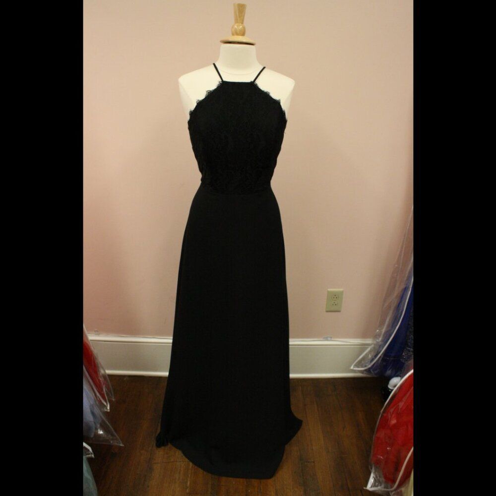 Hayley Paige Occasions 5715 Long Bridesmaid Chiffon/Lace Black Halter Formal
